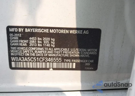 2012 BMW 328I z USA, uszkodzony, nr VIN WBA3A5C51CF346555